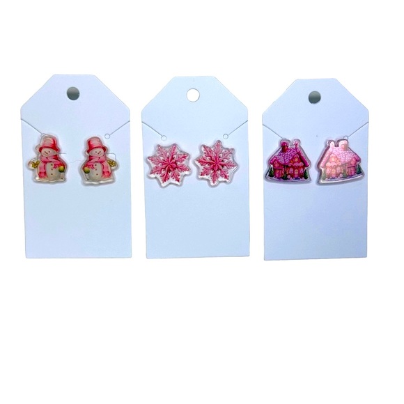 Set of 3 Pink NEW Christmas Holiday Stud Acrylic Handmade Earrings - Picture 6 of 8